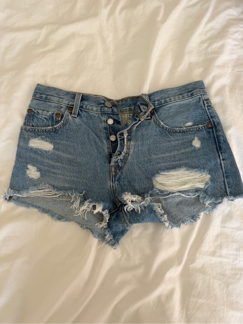 Levi's Light Blue Distressed High-Rise Denim Shorts